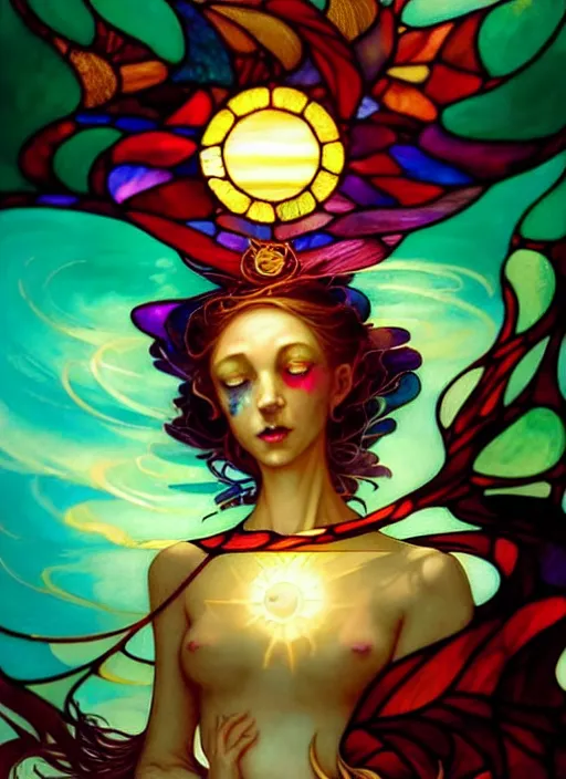 Prompt: close up picture of a beautiful and cute and aesthetic witch making the portion made of stained glass, model pose, bright color, sun shining through, sharp focus, highly detailed face, specular reflection, art by anato finnstark and lecouffe deharme and pete mohrbacher and quentin mabille and frank moth, fantasy illustration, epic light novel cover art