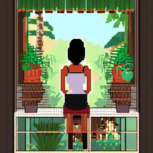 Image similar to a thin, pretty young Filipino girl sits in the window of a Cafe with an espresso, golden morning light, tropical plants, amazing 16 bit pixel art, 6 colors, artstation