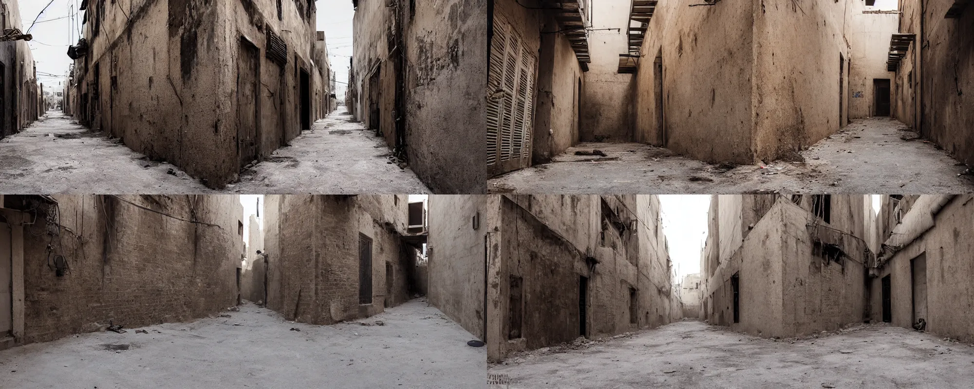Prompt: wide, empty middle eastern alleyway, suited for hiphop music video background, dusty, cinematic, junktown, rusty metal, stone walls