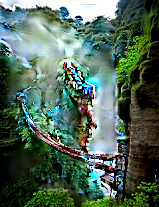 Image similar to establishing wide shot inside han son doong with waterfalls on either side of the cliff walls, at the top of the cliff is a japanese castle, an old suspension bridge spans the walls