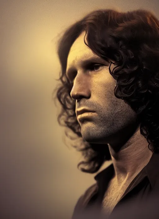 Image similar to jim morrison in real life, face centered portrait of jim morrison, confident, fog, rain, volumetric lighting, beautiful, golden hour, sharp focus, ultra detailed, cgsociety by leesha hannigan, ross tran, thierry doizon, kai carpenter, ignacio fernandez rios, noir art house, 4 k, 3 5 mm, fujifilm