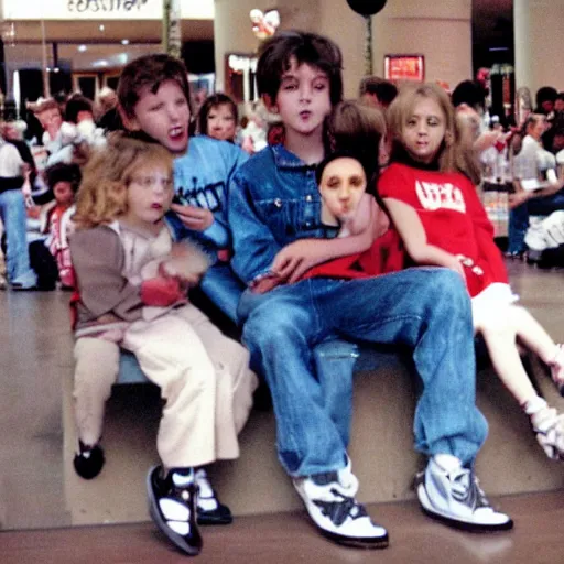 Image similar to due to a spelling error, kids are sitting on satan ’ s lap at the mall, 3 5 mm film camera, 1 9 9 0 s era
