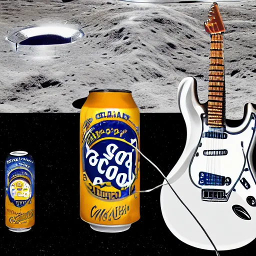 Image similar to photo of a detailed realistic idle regular sized electric guitar and a detailed realistic idle regular sized beer can next to one another on the moon surface. realistic. detailed