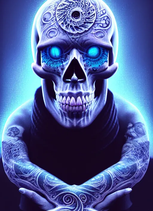 Image similar to 3 d shaman with tattoos profile portrait, sigma 5 0 0 mm f / 5. beautiful intricate highly detailed skull. bioluminescent, plasma, frost, water, wind, creature, gradient background, thunderstorm! artwork by tooth wu and wlop and beeple and greg rutkowski, 8 k trending on artstation,