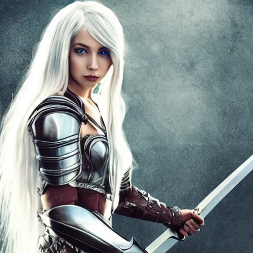 Image similar to beautiful girl with white long hair, wearing epic armor holding an edgy sword ready to fight a deadly monster giant