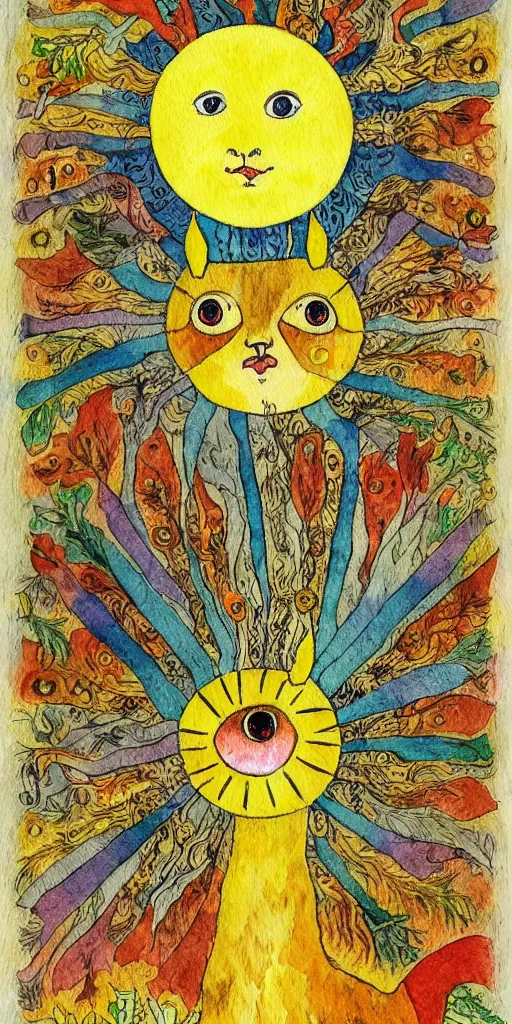 Image similar to tiny golden deer glowing eyes and sun ray mane and singing, children's book illustration, traditional folk art style, watercolor on paper, outsider art, David Palladini, Hisako Aoki, tarot card, Henry Darger, Louis Wain