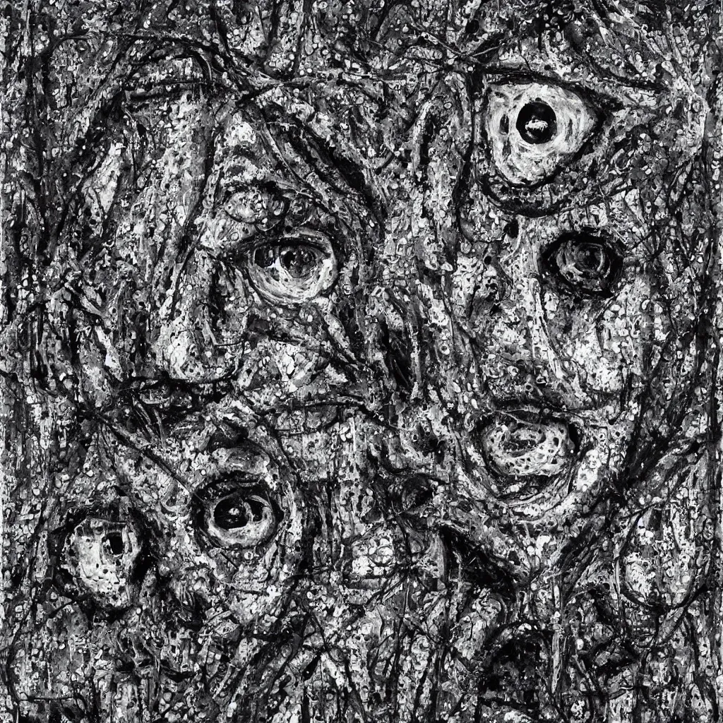 Image similar to camo made of eyes, technical, acrylic, teeth, eerie, tribal, clay, dotting, lines, stipple, points, cybernetic, style of old painting, francis bacon art, rei kawakubo art, hypnosis, eerie, terror, oil, neon, black and white background, splotches, colorful dots, ominous, terror, teeth, smiles