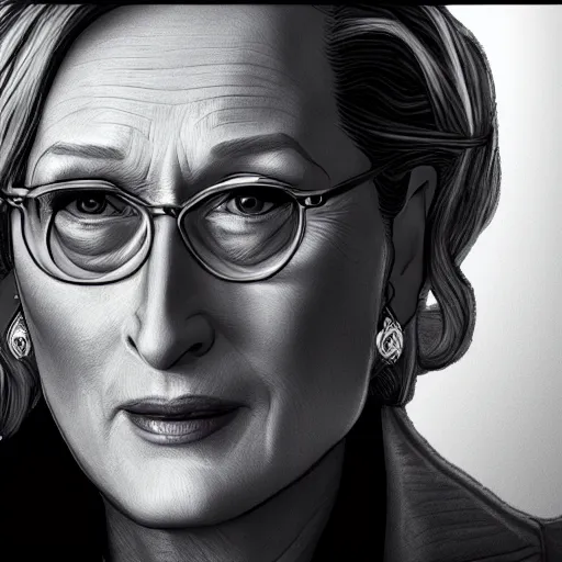 Image similar to meryl streep portrait, borderlands, tales from the borderlands, the wolf among us, comic, cinematic lighting, studio quality, 8 k