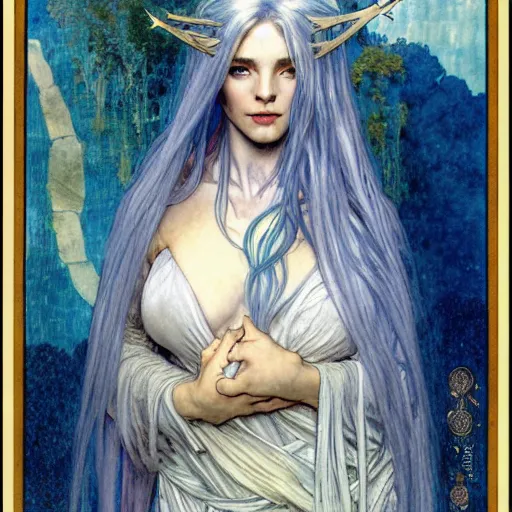 Image similar to half - length portrait of a female lightning genasi with blue skin and white hair made of sirrus clouds, full white robes, medieval, fantasy, d & d, luis royo, klimt, alphonse mucha