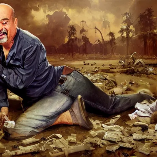 Prompt: highly detailed oil painting, concept art, dr phil laughing and dancing on a pile of dead bodies, concept art, highly detailed