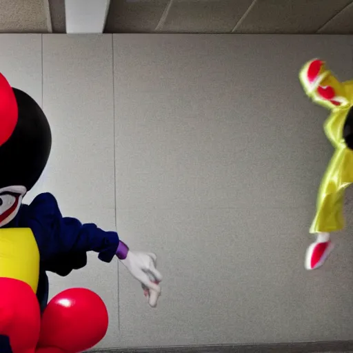 Prompt: photo, chased by a scary clown in infinite corridors made of bouncy castle