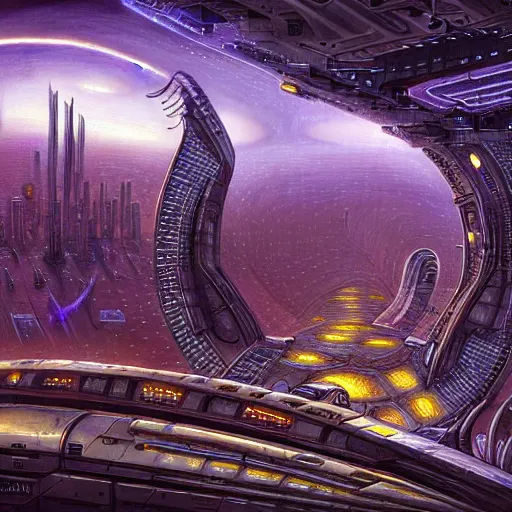 Prompt: cyberpunk starship hovering city, atmospheric lighting, painted, intricate, golden hour and purple, ultra detailed by peter gric, giger, enki bilal