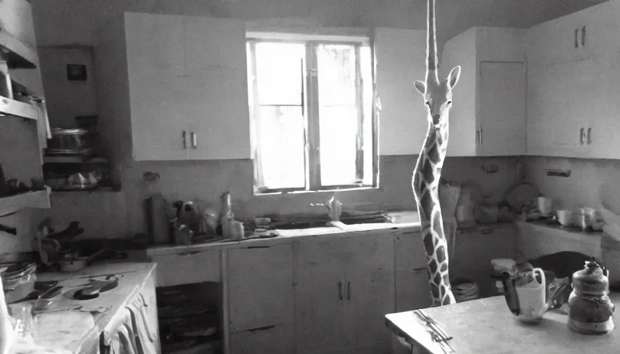 Image similar to a mini girafe in a stalinist style kitchen, by mini dv camera, very very low quality, heavy grain, very blurry, accidental flash, webcam footage, found footage, security cam, caught on trail cam