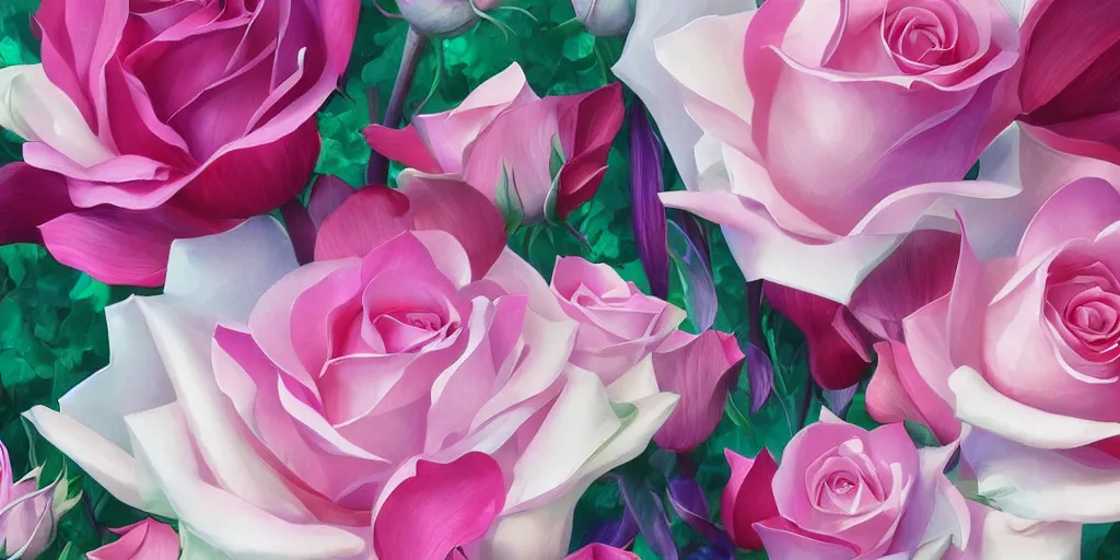 Image similar to magic invisible blade slicing through a bouquet of white and pink roses, flowers exploding and spraying, big puffy clouds, sharp cuts, large rose petals, lotus petals, large polygonal background elements, large polygons, dramatic anime, dramatic radiant lighting, artgerm, manga, trending on artstation, art nouveau, mature colors