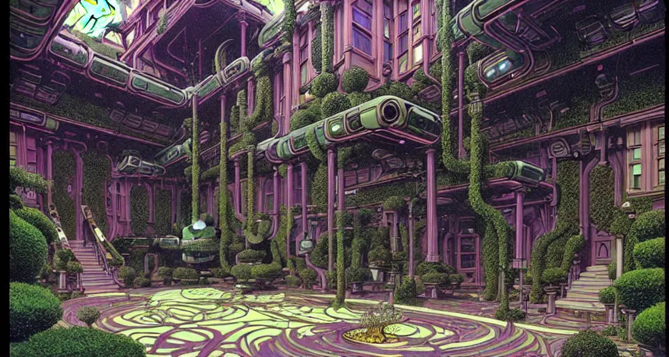 Image similar to a luxurious scifi futuristic victorian garden courtyard by killian eng, moebius, philippe druillet