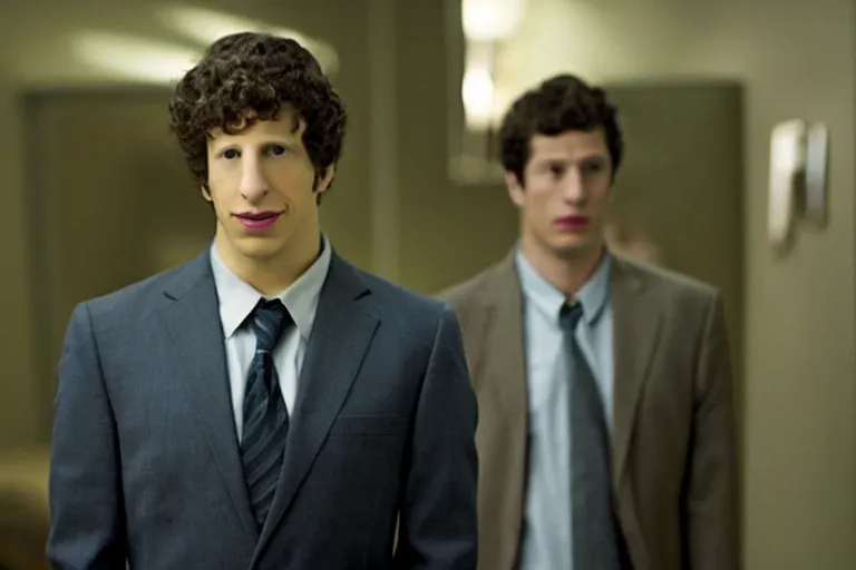 Image similar to a cinematic still from the social network movie of ((andy samberg))