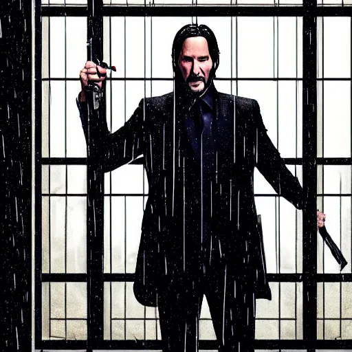 Prompt: john wick behind a window in the rain