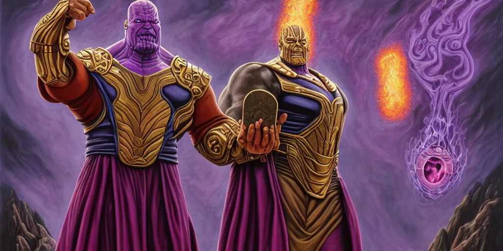 Prompt: south american thanos, as a matte oil painting and d & d character art, by alex grey, standing, fullbody, casting a magic spell, fog, concept art, award - winning, extremely detailed, sharp focus