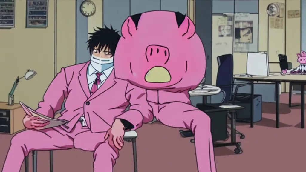 Image similar to a man wearing a pink suit and a pink pig mask sitting in an office, anime film still from the an anime directed by Katsuhiro Otomo with art direction by Salvador Dalí, wide lens