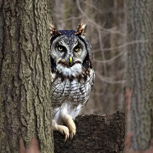 Image similar to mixture between an! owl and wolf, captured in a forest