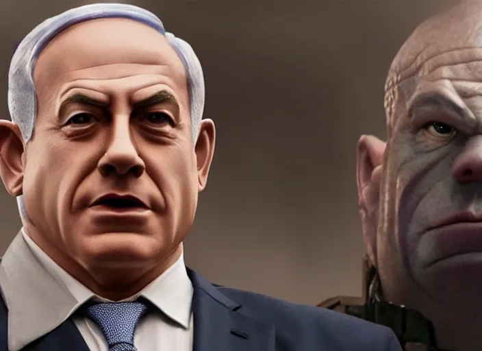 Prompt: benjamin netanyahu as thanos from avengers endgame, 8 k, bluray, screenshot