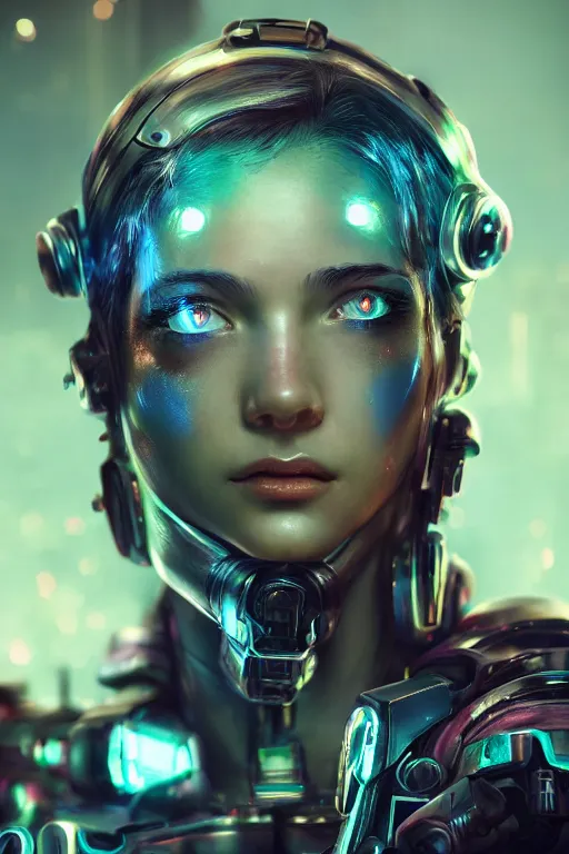 Prompt: beautiful close - up portrait of a cyborg mercenary girl, art by wlop and liam wong, cyberpunk, neon, combat armor, head and shoulders, intricate details, trending on artstation, sharp focus, caustics, octane render, radiant light, 4 k