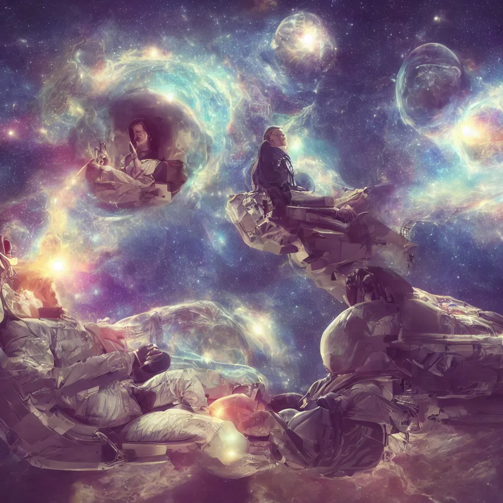 Prompt: jim carey meditating on a chair in space, surreal, unreal engine, intricate, highly detailed, digital painting, trending on artstation, concept art, smooth and sharp focus, illustration,