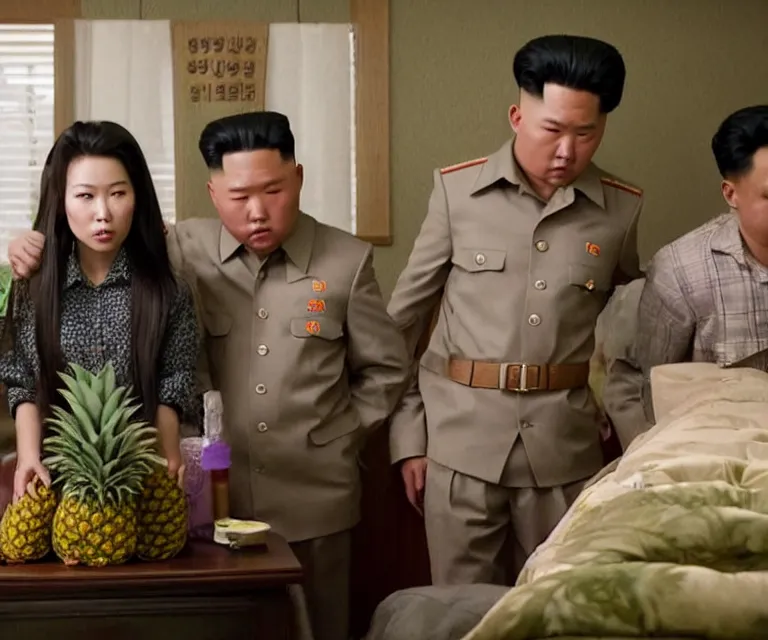 Image similar to hyperralism pineapple express movie still photography of real detailed north korean kim chen with detailed face smoking high detailed weed and reviewing weed bush in detailed basement bedroom ultra violet light