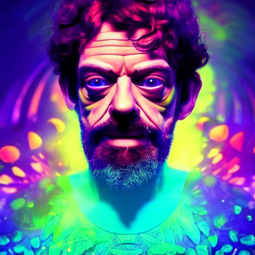 Prompt: terence McKenna posing seductively with psychedelic mushrooms, psychedelic, fractal, cinematic lighting, dramatic, octane render, full body, trending on artstation, perfect facial symmetry, bokeh, 8k, intricate, hyper detailed