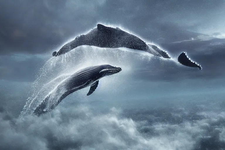 Image similar to a realistic cinematic still of humpback whale flying over the NFL Super Bowl Stadium cinematic lighting by Jessica Rossier
