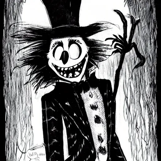 Image similar to a Pop Wonder scary horror themed goofy-hilarious-character Jack-Frost-Babadook-scarecrow-madhatter-williewonka-wearing a scarf, 3-piece-suit, dime-store-comic drawn with charcoal and pen and ink, half-tone-line-stacking