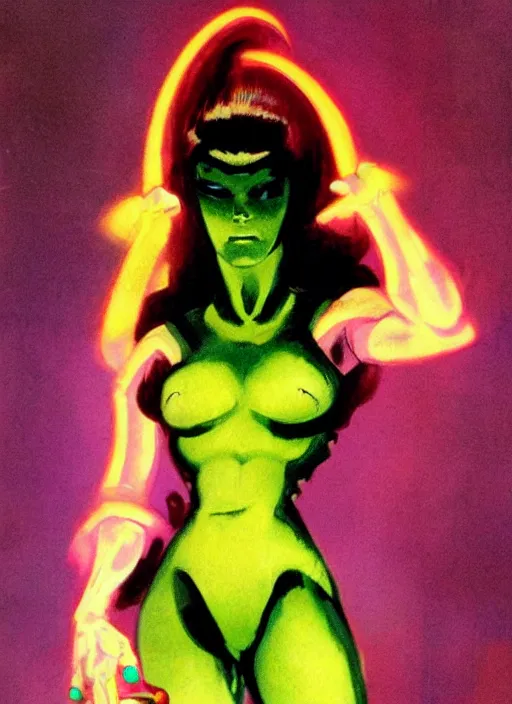 Image similar to female evil android, neon hair, glowing skin, strong line, saturated color, beautiful! coherent! by frank frazetta, high contrast, minimalism