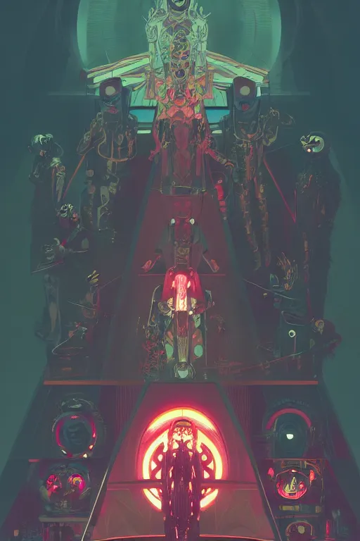 Image similar to cyberpunk blindfolded occultists worshipping a supernatural robot deity in a futuristic shrine, sci - fi concept art by bakaarts and darius puia and bartsy and sachin teng and pascal blanche and alphonse mucha and nekro and josan gonzalez, digital art, trending on artstation, 4 k, 8 k