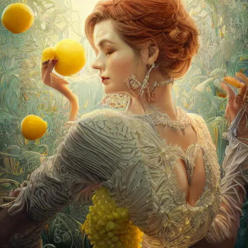 Image similar to the portrait of an absurdly beautiful, graceful, elegant, sophisticated, young idol made up of lemons, an ultrafine hyperdetailed illustration by kim jung gi, irakli nadar, intricate linework, bright colors, octopath traveler, final fantasy, unreal engine 5 highly rendered, global illumination, radiant light, detailed and intricate environment