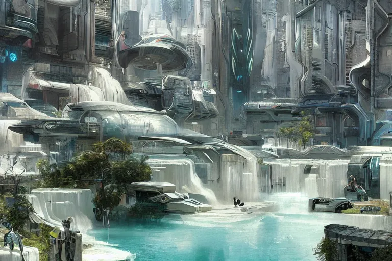 Prompt: futuristic cyberpunk city with lush garden at rgb Pamukkale, thermal waters flowing down white travertine terraces, intricate, elegant, luxurious, digital painting, concept art, smooth, sharp focus, from Star Trek 2021, illustration, by WLOP and Ruan Jia and Mandy Jurgens and William-Adolphe Bouguereau, Artgerm