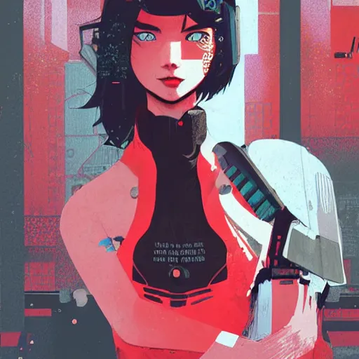 Image similar to Highly detailed portrait of a post-cyberpunk punk young lady with, freckles and beautiful hair by Atey Ghailan, by Loish, by Bryan Lee O'Malley, by Cliff Chiang, inspired by image comics, inspired by graphic novel cover art, inspired by nier, inspired by scott pilgrim !! Gradient red, black and white color scheme ((grafitti tag brick wall background)), trending on artstation