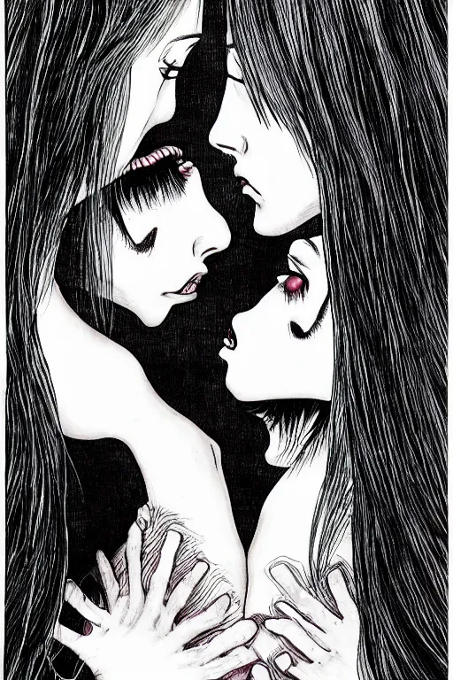 Image similar to two monstrous women creatures kissing each other by Junji Ito, horror manga art, key visual