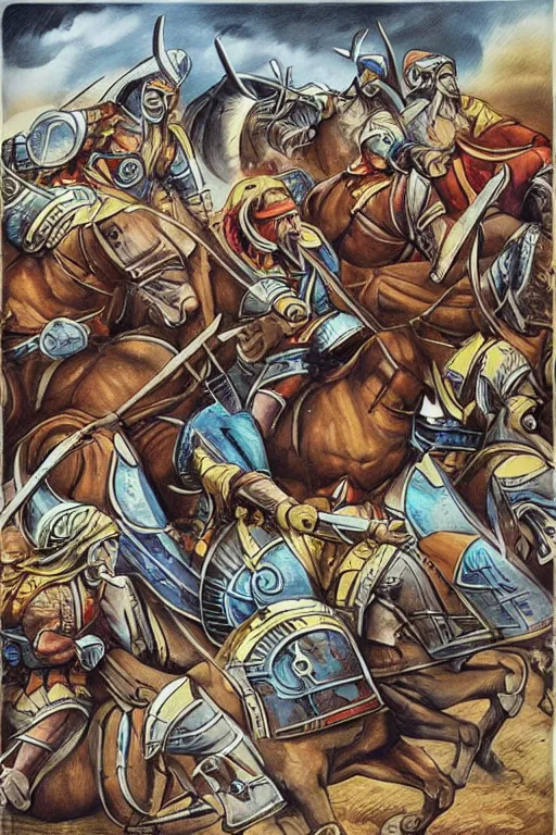 Image similar to “Poster of Viking horsemen in a battle. There is also Mini Cooper Countryman Hybrid. Retro cartoon caricature.”
