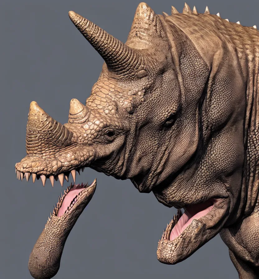 Prompt: nancy pelosi creature setting all : crocodile head : : 0. 5 the head has a symmetrical horn and tumor, and there is a rhino horn at the front of the beak, and the mouth is open to reveal a mouth full of fangs with huge wings, full body rich detail realistic photoreal photorealistic octane render 8 k