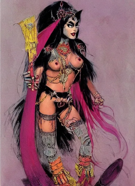 Image similar to female indian vampiress, jeweled veil, strong line, saturated color, beautiful! coherent! by frank frazetta, high contrast