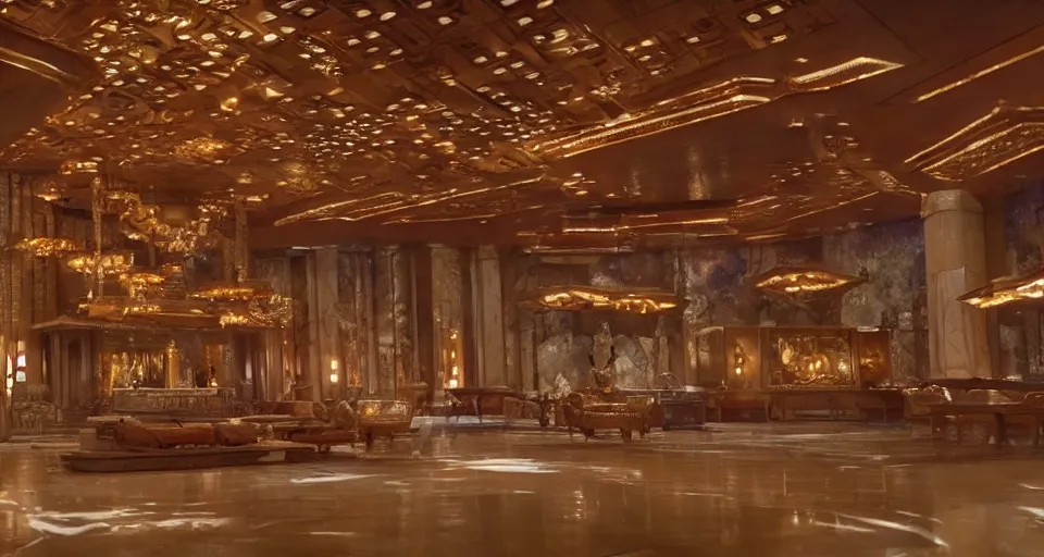 Image similar to An establishing shot from a 2021 Marvel film of the interior of an opulent a fantasy palace designed by Frank Lloyd Wright. Incredibly beautiful.