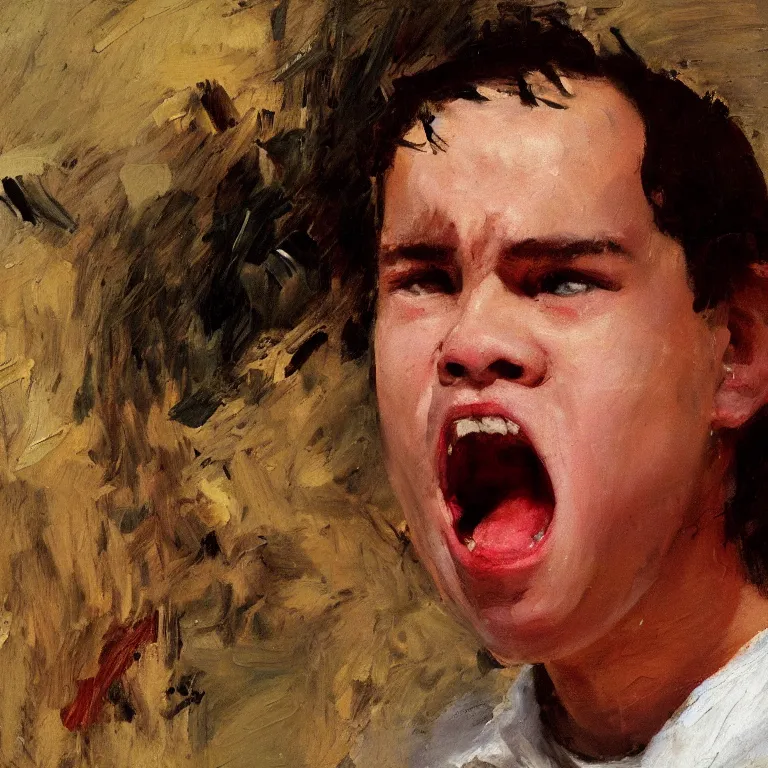 Image similar to warmly lit close up studio portrait of young angry! teenage George Costanza angrily singing, impasto oil painting thick brushstrokes by Cy Twombly and Anselm Kiefer , trending on artstation dramatic lighting Expressionism