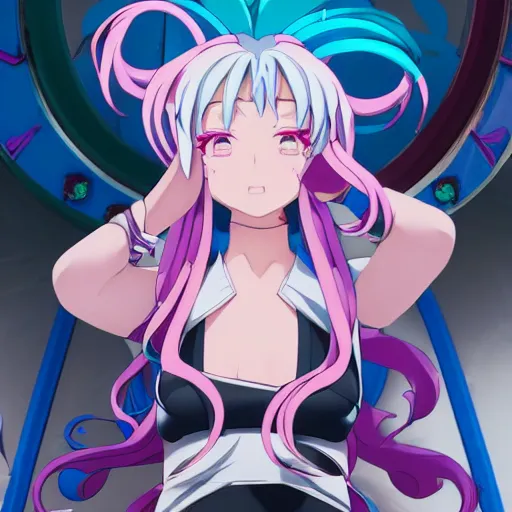 Prompt: viewed from the ground in a low angle, stunningly beautiful omnipotent megalomaniacal anime goddess with porcelain skin, pink twintail hair and mesmerizing cyan eyes, symmetrical perfect face smiling in a mischievous, devious and haughty way while looking down upon the viewer, mid view, hyperdetailed, 2 d, 8 k