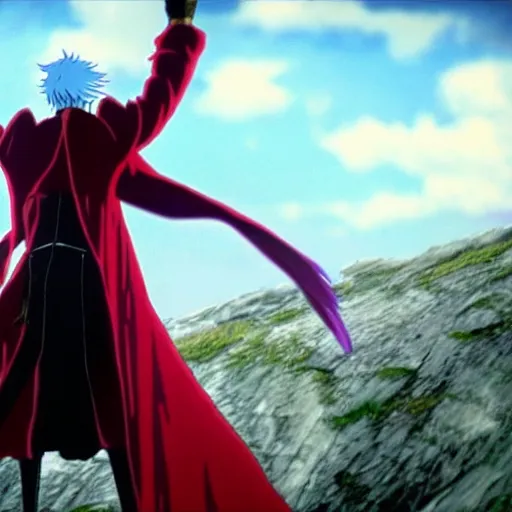 Prompt: a shot of dante from devil may cry in howl's moving castle movie, movie shot, anime, hightly detailed, rescalated 4 k, detailed