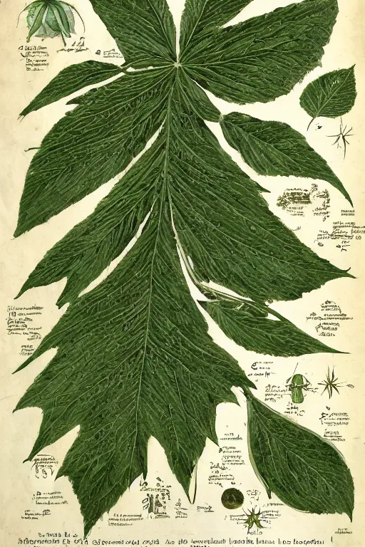 Prompt: scan of the leaves of an old cursed herbarium, by john howe, infographic, textbook, marginalia, cursed, alien, plant specimens, hortorium, scientific study