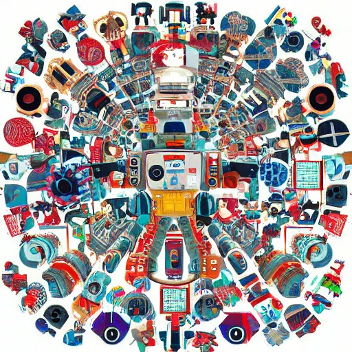 Image similar to a complex geometric arrangement of 67 robots, digital art