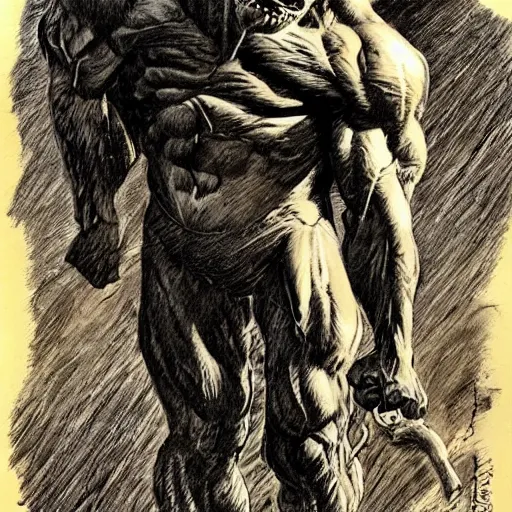 Prompt: hairy, thick muscled, overbearing, hungry, menacing, giant painted by bernie wrightson,