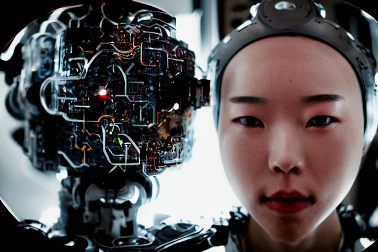 Image similar to portrait of a beautiful Korean cyborg By Emmanuel Lubezki