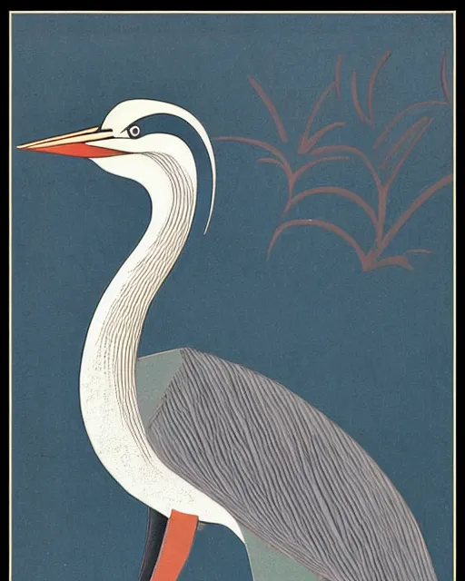 Image similar to vintage art deco hybrid animal poster depicting a heron with cat ears and paws