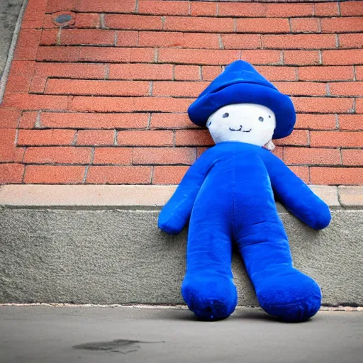 Image similar to blue'snappy gifts'human - sized plush doll, on sidewalk, holding gift, happy atmosphere, high detail, soft lighting, 8 k